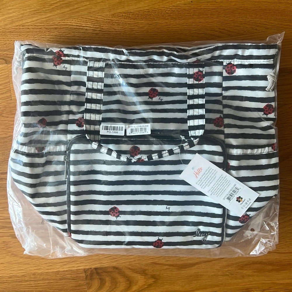 Lug Ditty XL Black/White Striped Tote with ladybug Accents. NWT “Ladybug Lane”